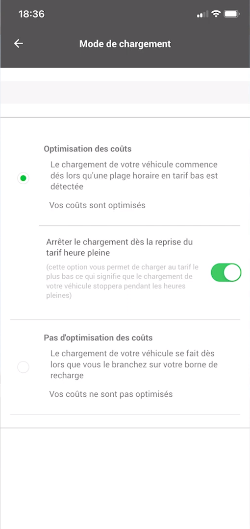 Vue n°4 de l'application "app hager witty" : otions des modes de chargement